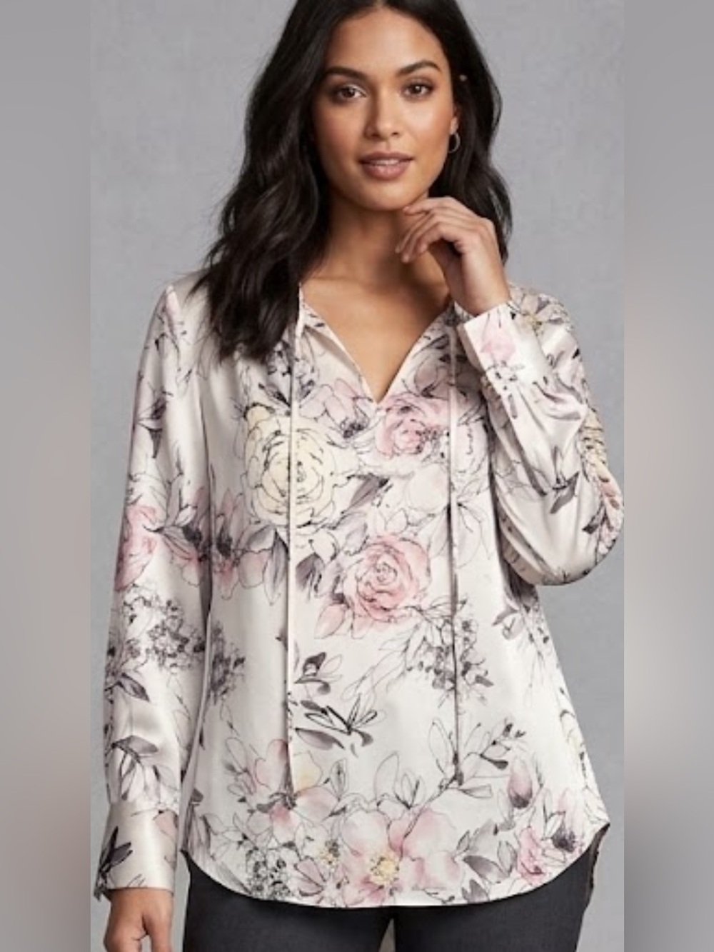 White House Black Market 100% Silk Floral Blouse Top Sz L